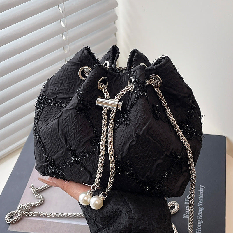 Cross-border Drawstring Bucket Small Bag for Women2025New Stylish Pleated Flower Bag Fashionable Round Chain Crossbody Bag