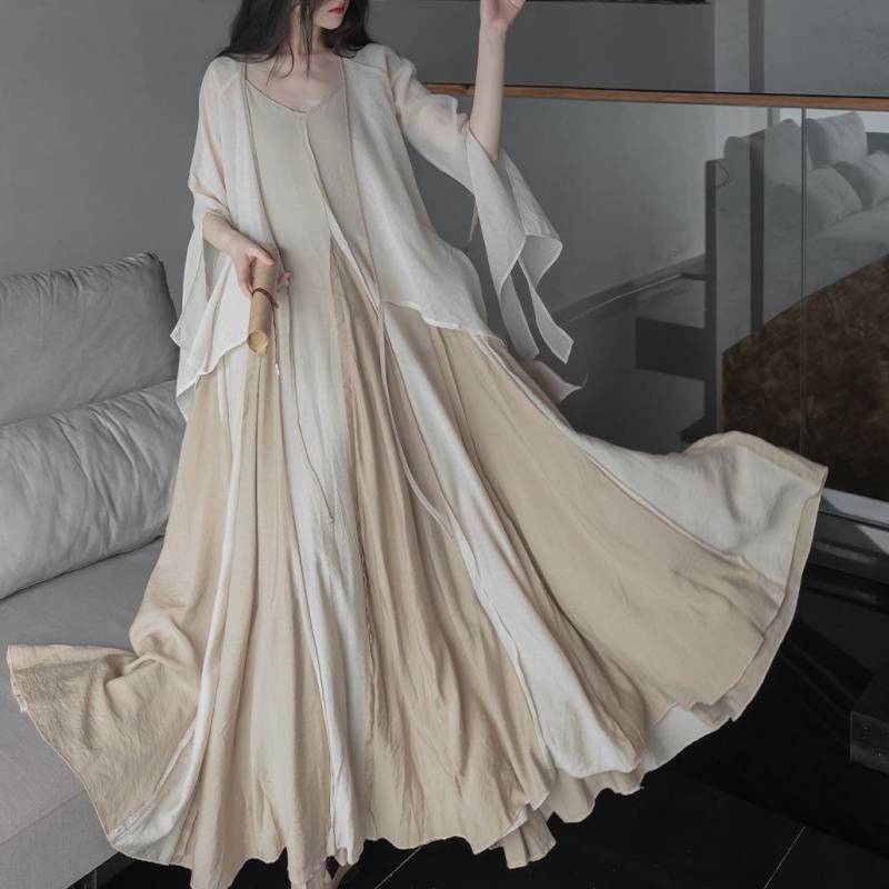 2025Spring New Heavy Craft Large Hem Strap Dress New Chinese Style Retro National Style Artistic Patchwork Long Dress