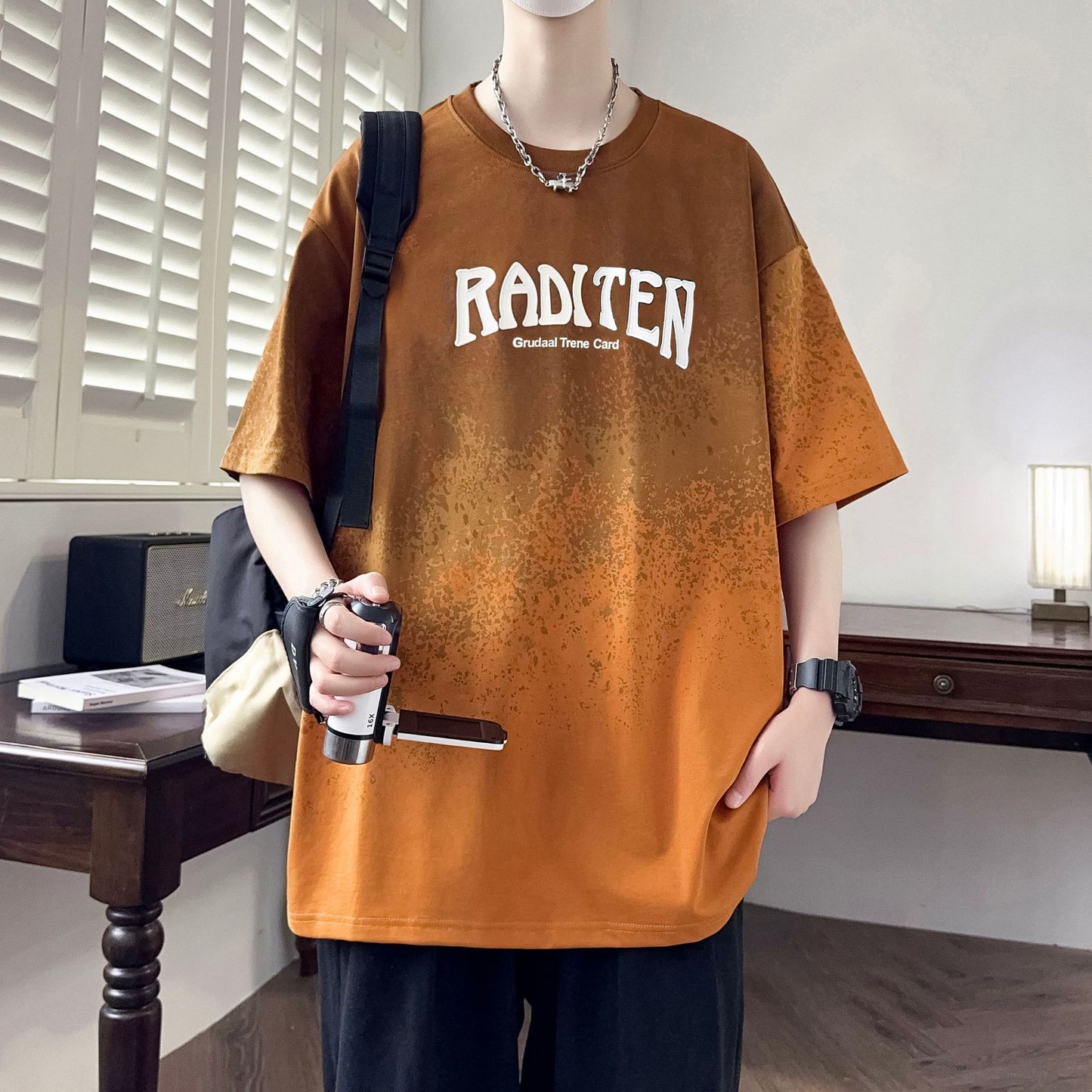 2025Summer New Men's Youth Casual Stylish Trendy Loose Short Sleeve T Shirt Gradient Color for Middle and High School Students