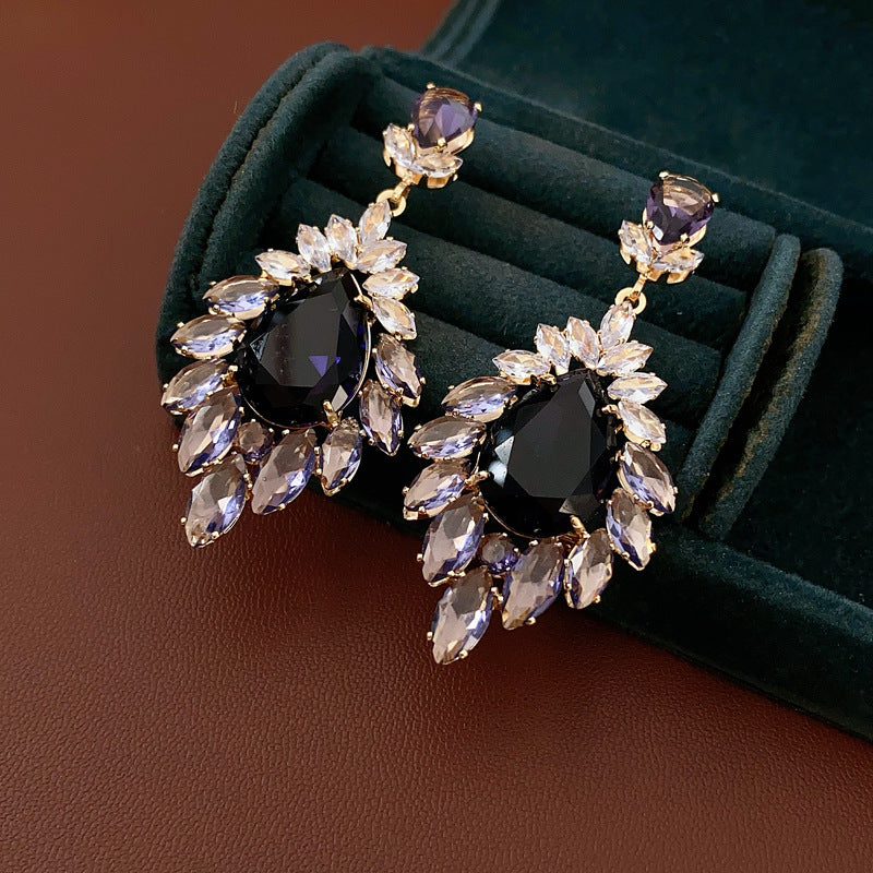Medieval vintage Zircon Earrings Silver Needle Exaggerated Heavy Craft Flower Water Drop Studs Light Luxury High-end Feel Earrings for Women