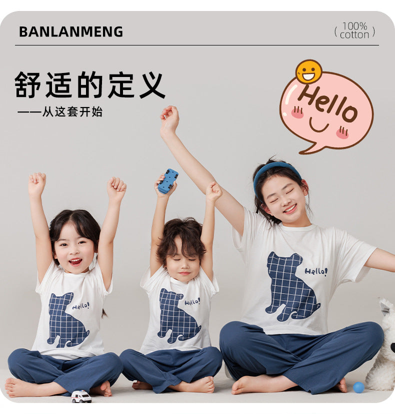 Parent-Child Cotton Homewear Summer Style Children's Short Sleeve Long Pants Set Cartoon Air Conditioning Clothing Sweat-Absorbing Printed Pajamas Couple Outfit
