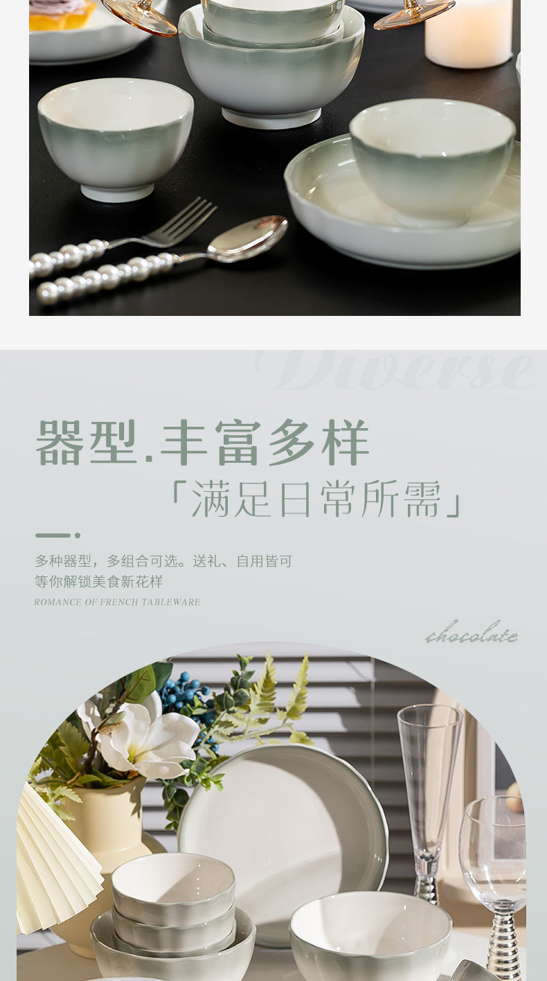 Home Bowl and Plate Set Simple Gradient Green Thickened Ceramic Rice Bowl Dish Plate Kitchenware Underglaze Color Bowl Plate Tableware