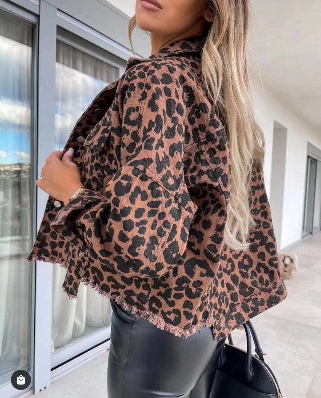 2024Amazon European and American Cross-Border Hot Trendy Washed Vintage Leopard Print Frayed Denim Jacket for Women