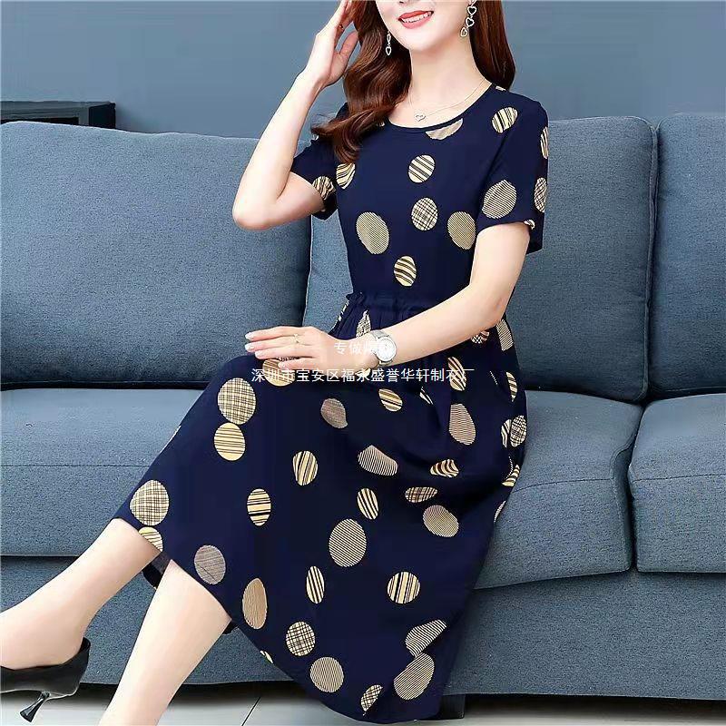 Cross-Border Summer Plus Size Short Sleeve Dress Women Printed Waist Slimming Mid-Length Elegant Dress Trendy