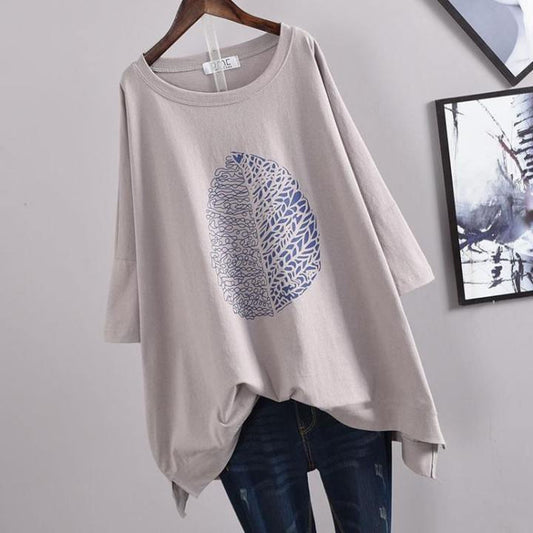 200Plus Size Women's Summer Leaf Print Casual Split Mid-Length Short Sleeve Dress T Women's Loose Fit Plus Size Shirt