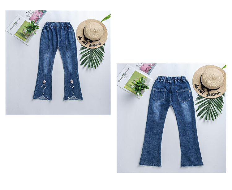 Children's Clothing Wholesale Girls' Jeans Spring and Autumn New Style Medium and Large Children's Slim Pants Baby Casual Girls' Flared Long Pants