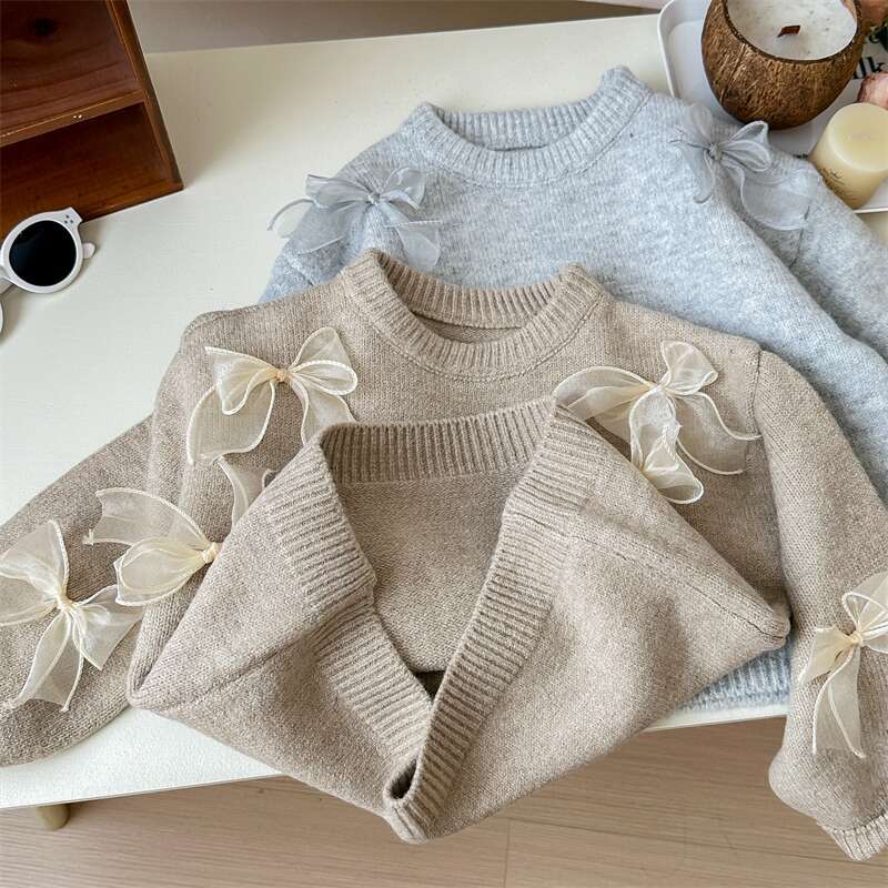 Sweet Little Sister Korean Children's Sweater Spring and Autumn New Fashionable Girls' Korean Style Fashionable Children's Bow Knitted Sweater