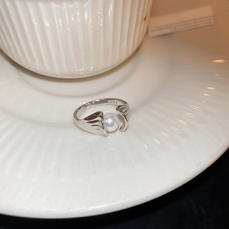 Real Gold Plated Baroque Pearl Tulip Flower Open Ring Korean Fresh Sweet Forest Style Light Luxury Jewelry