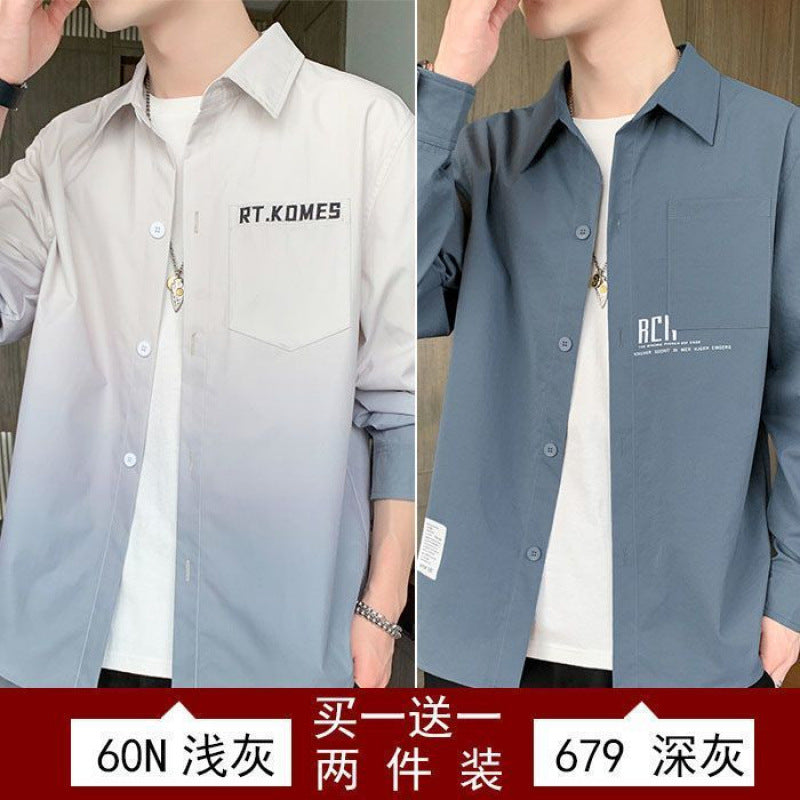 Gradient Long Sleeve Shirt for Men, Spring and Summer Loose Thin Jacket, Korean Style Trendy Casual ins Fashion Brand Sunscreen Shirt
