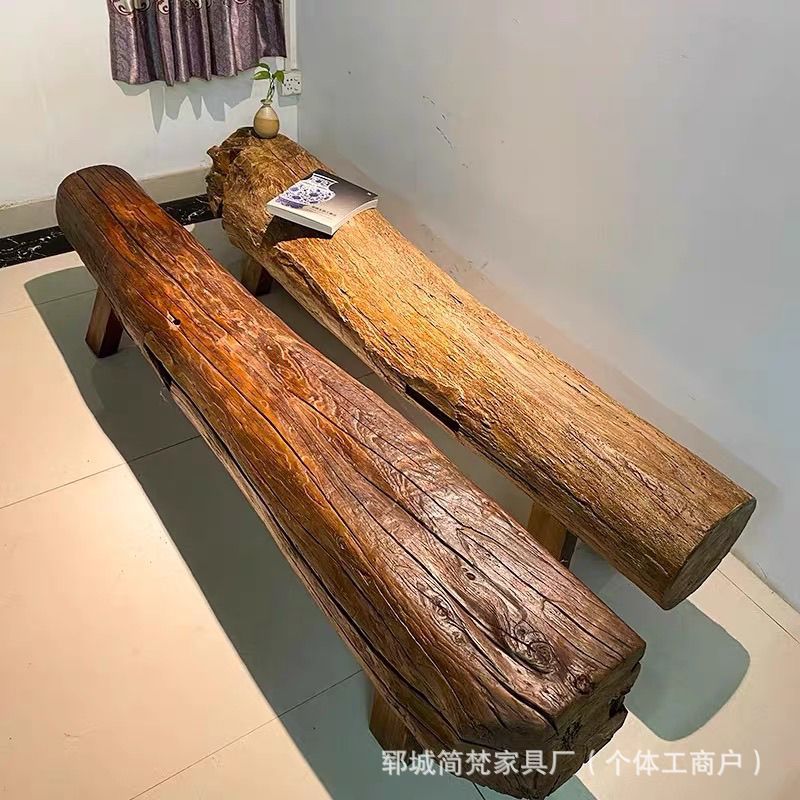 Old Elm Wood Long Bench Solid Wood Weathered Round Wood Stump Stool Old Elm Wood Long Chair Scenic Area Rest Shoe Changing Bench