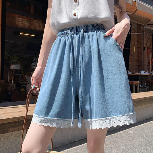 Japanese Style Wide-Leg Jeans for Women2025High Waist Lace Trim Casual Shorts Loose Straight Five-Point Shorts Trendy