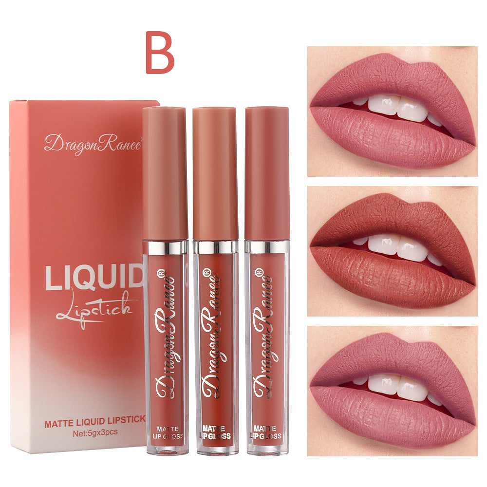 Cross-border Lip Gloss Set3Velvet Matte Lip Gloss Lipstick Orange Milk Tea Red Bean Paste Color Lip Gloss Wholesale