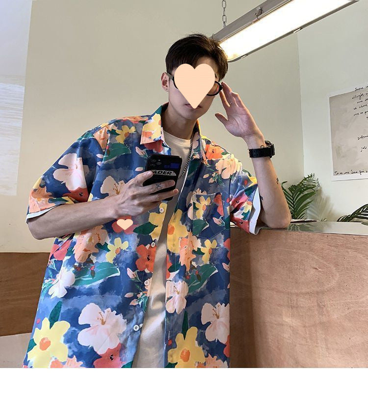 Summer Short Sleeve Floral Shirt for Men and Women Hawaiian Retro Hong Kong Style Loose Ice Silk Shirt Couple Outfit
