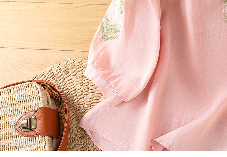 2025Summer New Vacation Ethnic Style Ramie Embroidered Round Neck Shirt for Women Loose Sun Protection Versatile Air Conditioning Shirt