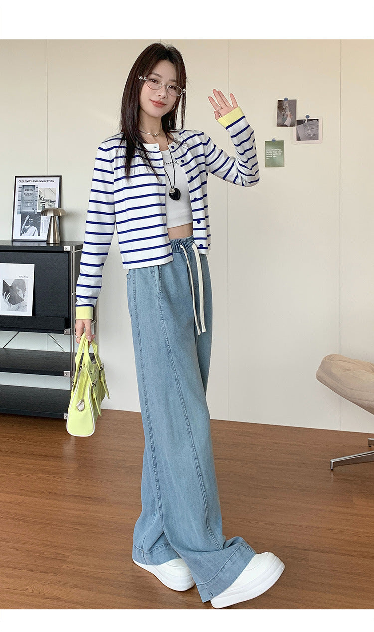 Tencel Jeans for Women Summer Thin Elastic Waist High Waist Draped Large Size Loose Straight Side Seam Front-Moved Wide-Leg Pants