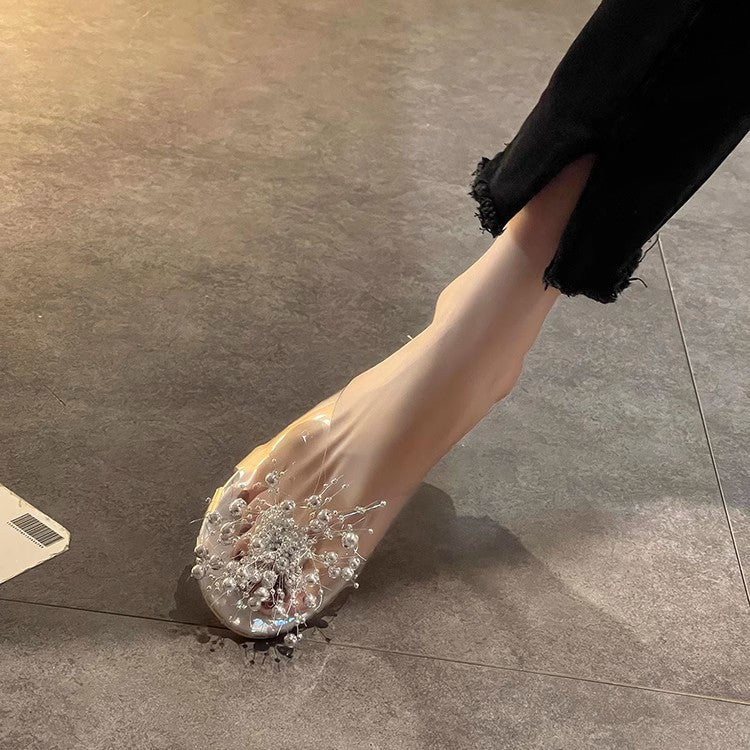 Sparkling Silver Transparent Beaded Closed-Toe Mules for Women2024Summer Internet Celebrity Super Popular Sandals Slippers