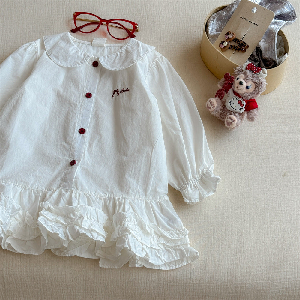 Korean Style Children's Clothing Autumn Girls' Lace Doll Collar Long Sleeve Shirt Dress Baby Base Dress Children's Princess Dress