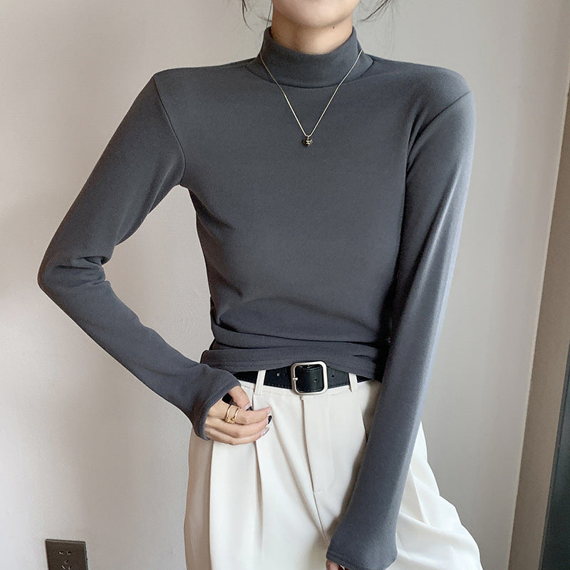 Half Turtleneck Double-Sided Thermal Base Shirt for Women, Spring and Autumn Style, Stylish Inner Wear, Solid Color, Fleece-Lined, Thickened, Warm Long-Sleeve Top