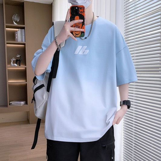 2025Summer New Men's Youth Casual Stylish Trendy Loose Short Sleeve T Shirt Gradient Color for Middle and High School Students