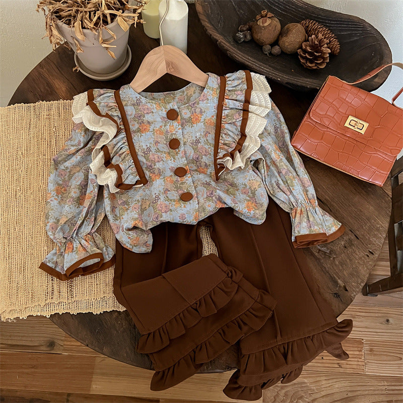 Sweet Little Girl Autumn Outfit Set New Fashionable Retro Autumn Children's Flared Pants Autumn Style Internet Celebrity Children's Clothing