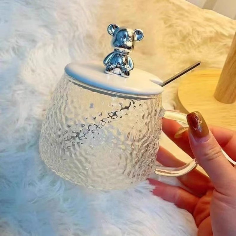 Creative Hammered Bear Glass Cup for Women ins High-Quality Aesthetic Water Cup with Lid for Home Use, Transparent Breakfast Milk Cup
