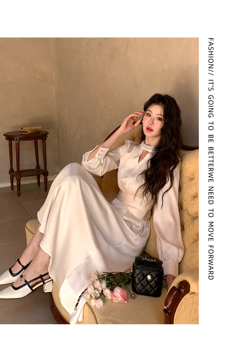 French A Line skirt2025Spring and Summer New Women's Long Sleeve Dress Waist Slimming Elegant Acetate Satin Long Dress