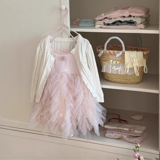 Girls Korean Style Cotton Strap Floral Mesh Princess Dress
