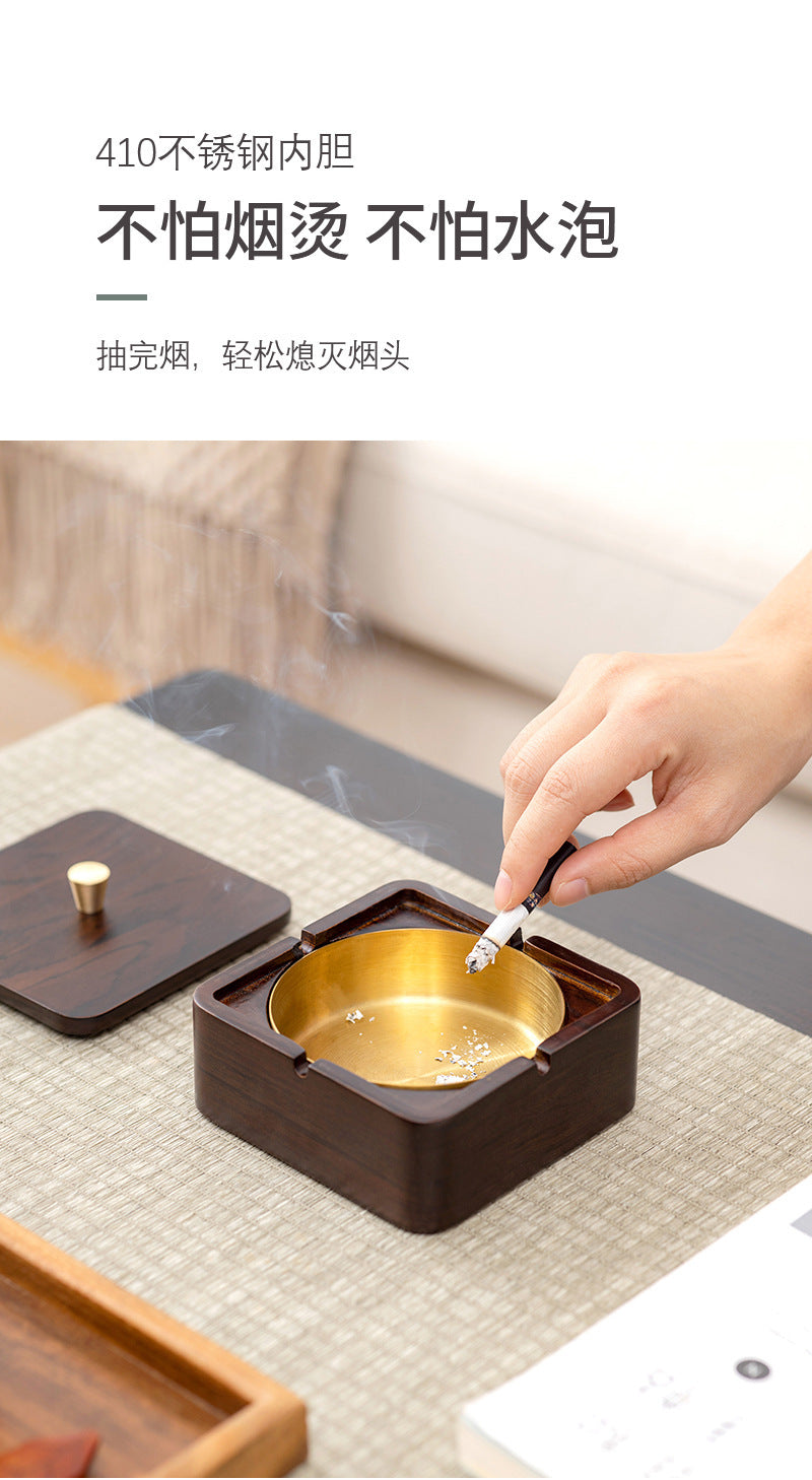 Walnut Ashtray for Home Living Room with Lid, Anti-Fly Ash, Stainless Steel Inner Liner, Creative Office Quality Ashtray