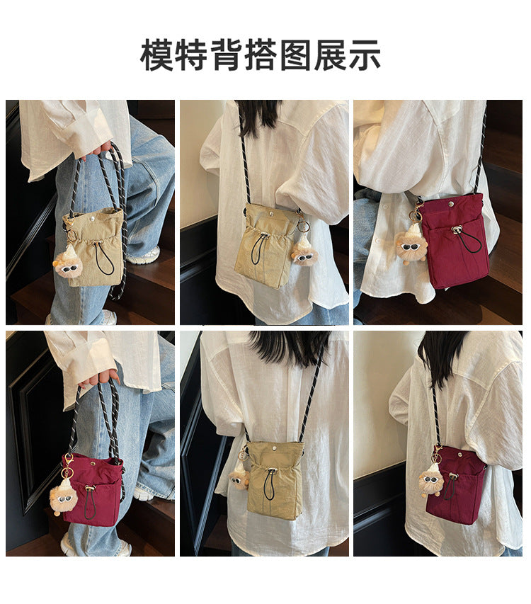 Internet celebrity ins Single Shoulder Crossbody Drawstring Small Bag2025Niche Fashion Lightweight mini Women's Nylon Phone Bag