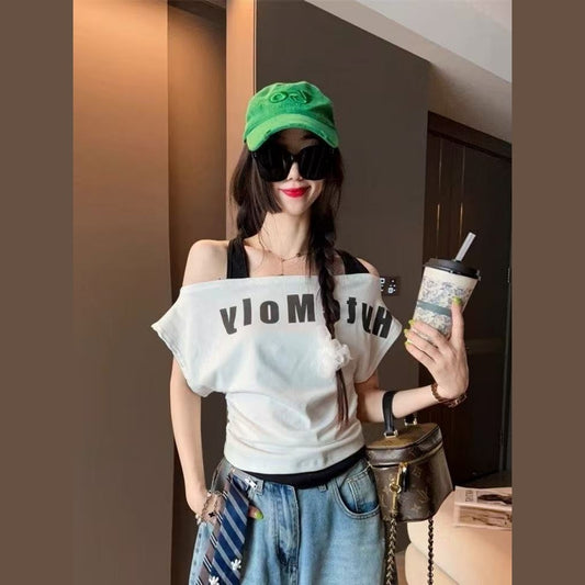 Fashionable Design Letter Print Off-Shoulder Halter Neck Short Sleeve T Women's T-shirt2025Summer New Slimming Short Top