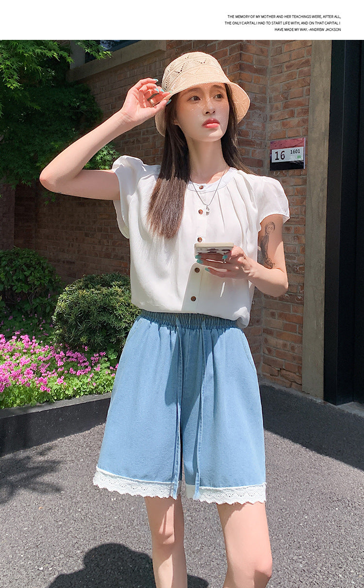 Japanese Style Wide-Leg Jeans for Women2025High Waist Lace Trim Casual Shorts Loose Straight Five-Point Shorts Trendy