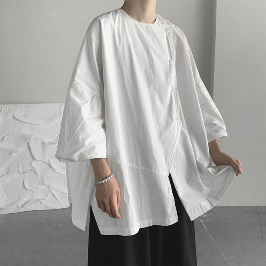 300Plus Size Unique Design Three-Quarter Sleeve Shirt for Men Summer Short Sleeve Cool Japanese Style ins Irregular Top
