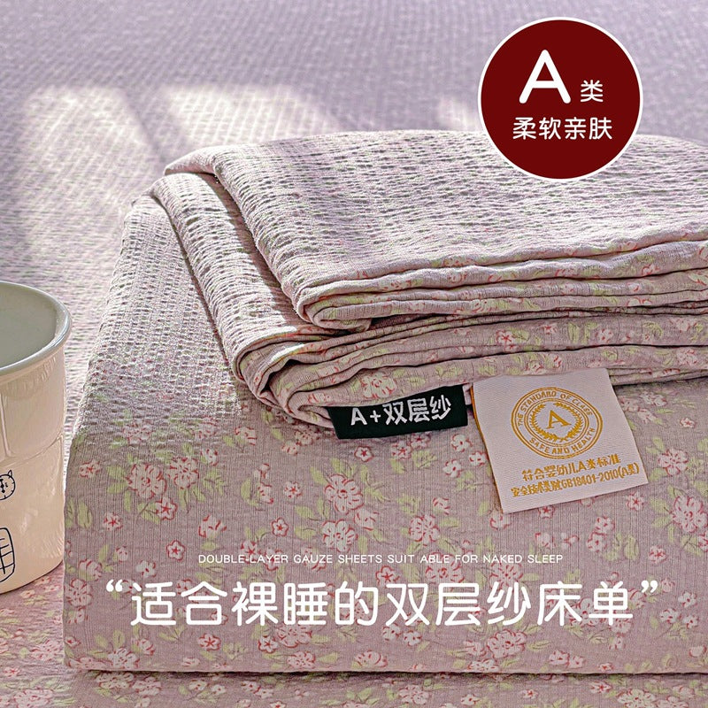 a Double-layer Gauze Bed Sheet Single Piece Fresh Style A Summer-style Naked Sleep Pillowcase Single Double Student Dormitory Three-piece Set