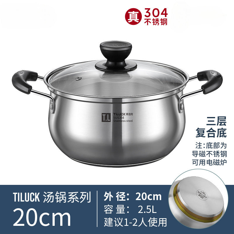 304Stainless Steel Soup Pot for Home Use, Non-Coated Instant Noodle Pot, Double Ear Small Pot, Steamer, Special for Gas and Induction Cookers
