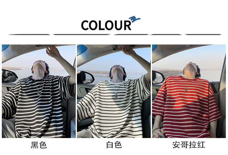 American striped short sleeve t Men's Summer Trendy Neck Loose Cotton