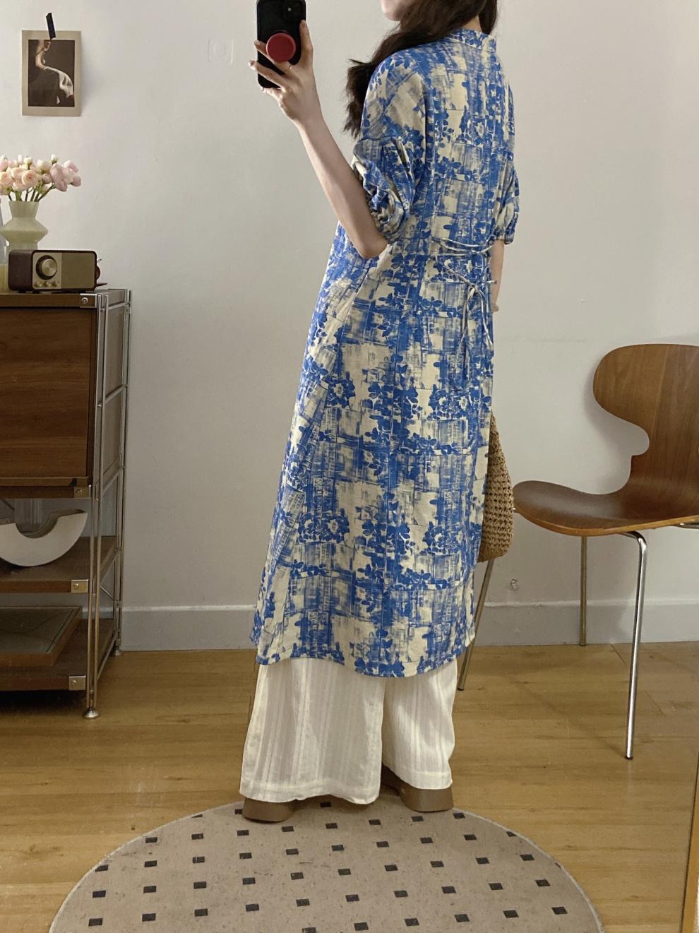 New Chinese Style National Style Set Gentle Temperament Super Beautiful Blue Floral Long Top Casual Long Pants Two-Piece Set