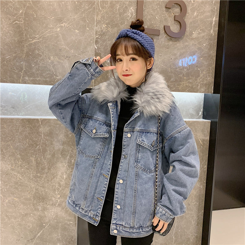 Cross-Border2022Winter New Korean Style Loose Thickened Fleece Rabbit Fur Inner Large Fur Collar Denim Jacket Women's Cotton Coat