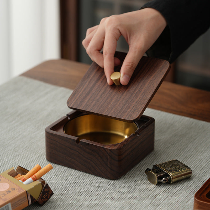 Walnut Ashtray for Home Living Room with Lid, Anti-Fly Ash, Stainless Steel Inner Liner, Creative Office Quality Ashtray