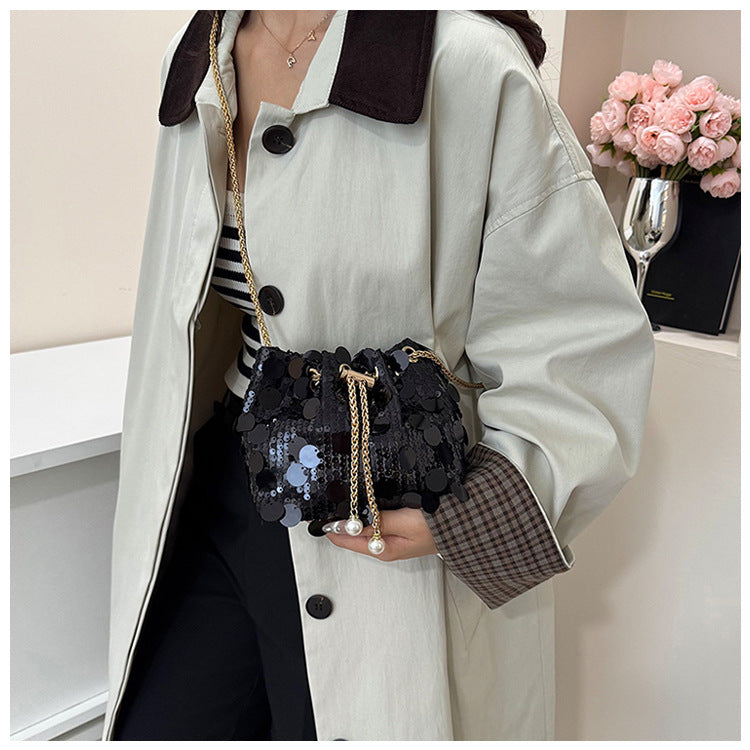 Trendy and High-End Sequin Bucket Bag2025Summer New Fashion Versatile Stylish French Chain Single Shoulder Crossbody