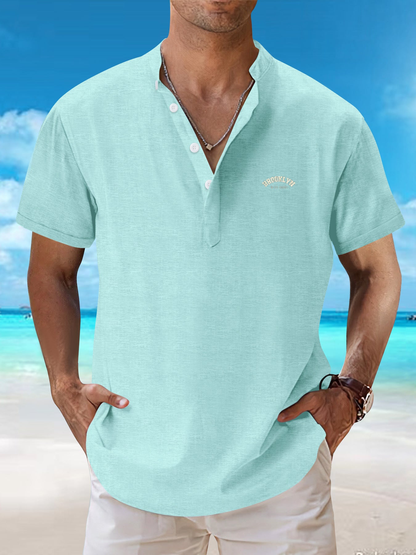 2025New retro loose textured woven shirt for men2025Summer New Stand Collar T Breathable Short Sleeve T-Shirt