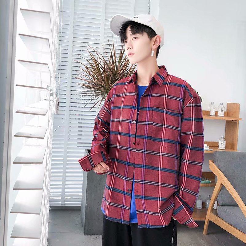 2025Plaid Long Sleeve Shirt Men Korean Version Slim Fit Youth Trendy Handsome Shirt Couple Casual Thin Shirt