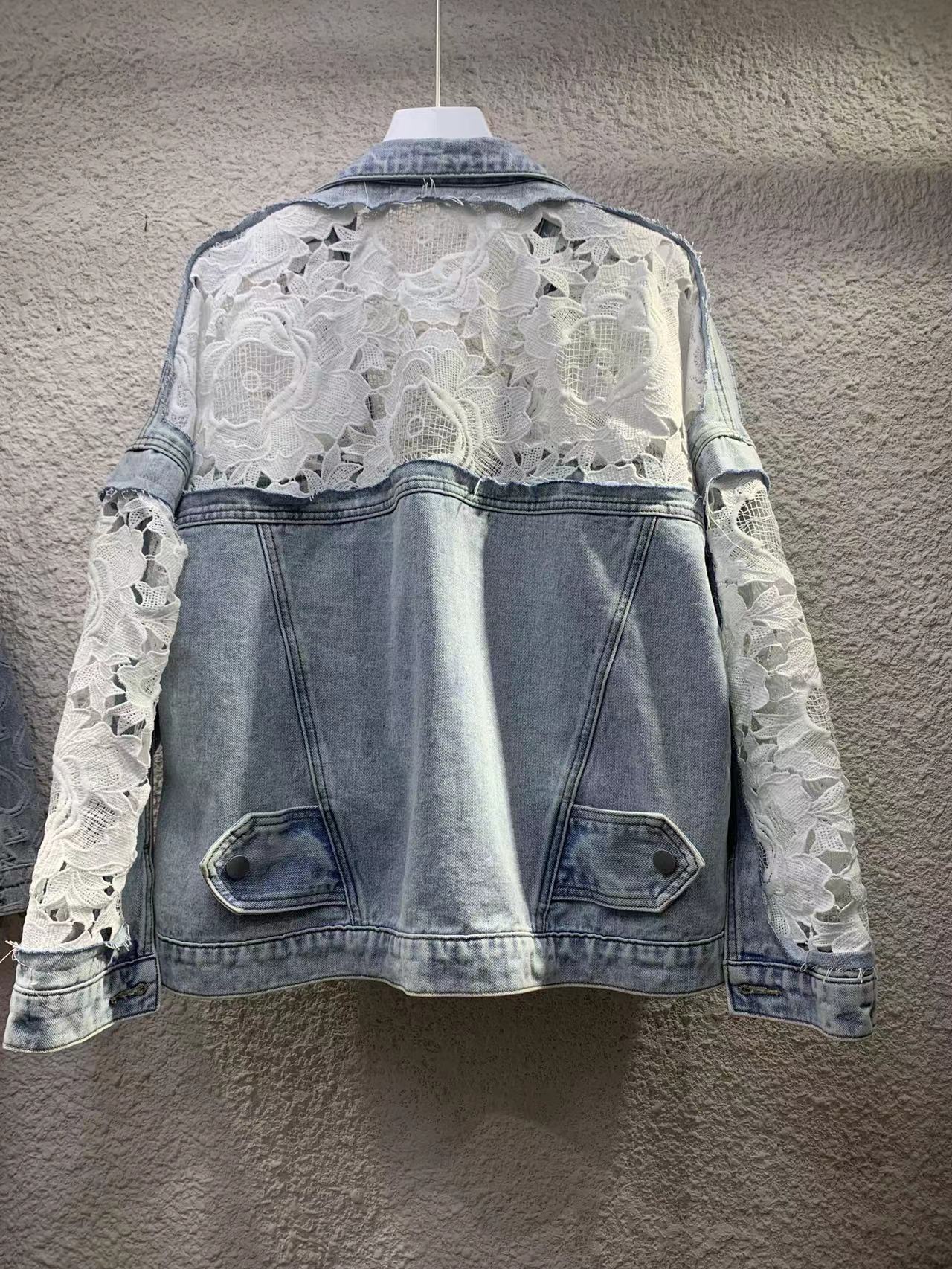 2024Spring and Autumn New Loose Versatile Sunscreen Mesh See-through Lace Embroidered Short Denim Jacket for Women Trendy Top