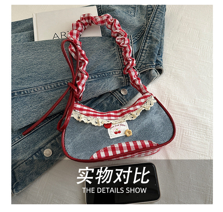 Super Popular Crossbody Bag for Women2025New Plaid Fabric Bag Wrinkled Color-Block Shoulder Bag Popular Commuter Small Square Bag