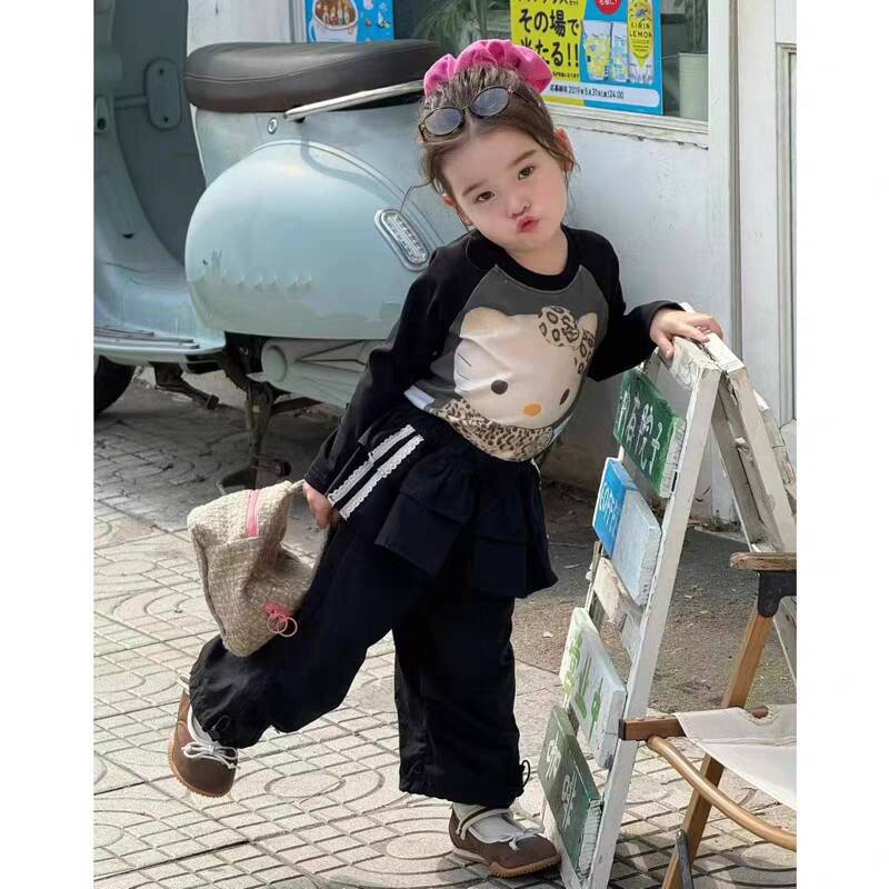 Sweet Little Sister Children's Clothing Autumn New Style Girls' Korean Fashion Slim Cartoon T Shirt Ruffled Casual Cargo Pants