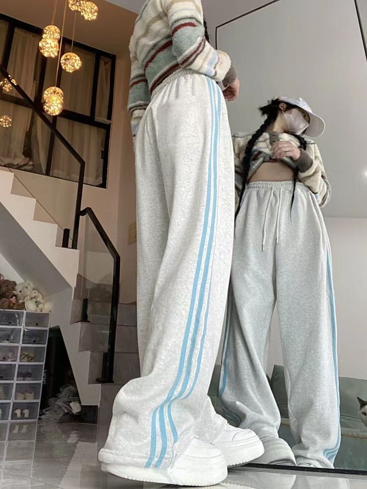 Melard Wide-Leg Pants for Women, Autumn and Winter New Loose Slimming Versatile American Style Striped Casual Sports Sweatpants