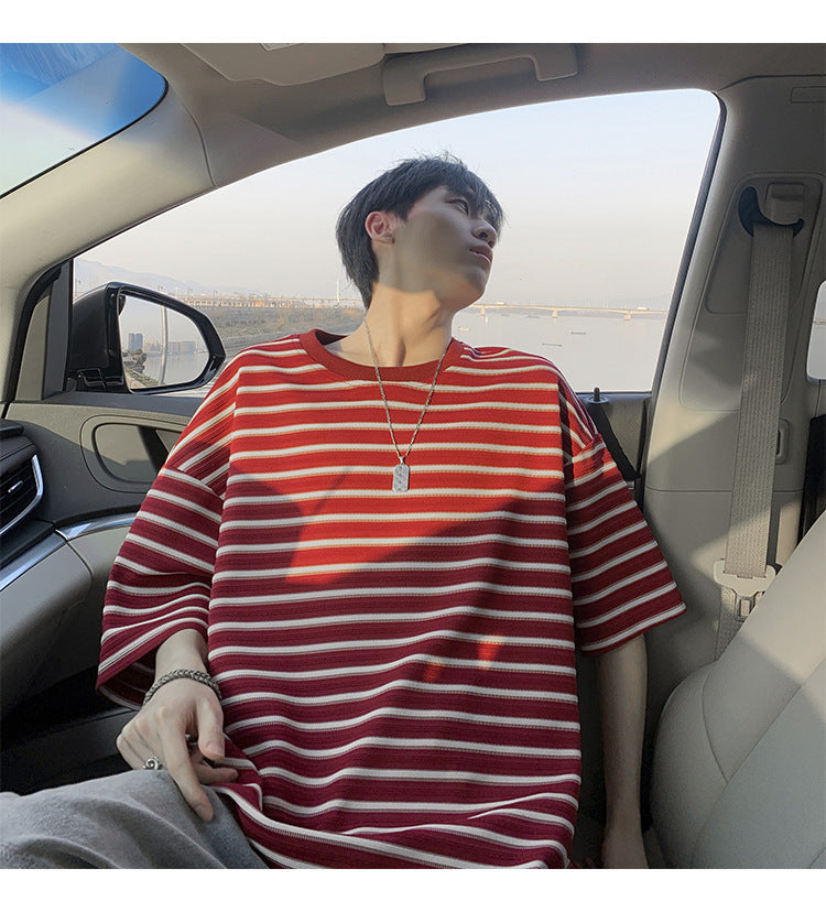American striped short sleeve t Men's Summer Trendy Neck Loose Cotton