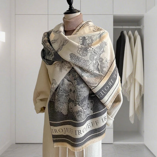 Light Luxury Style Imitation Cashmere Jacquard Shawl for Women Winter Warm Double-Sided Printed Landscape Scarf Outerwear Layering Neck Warmer