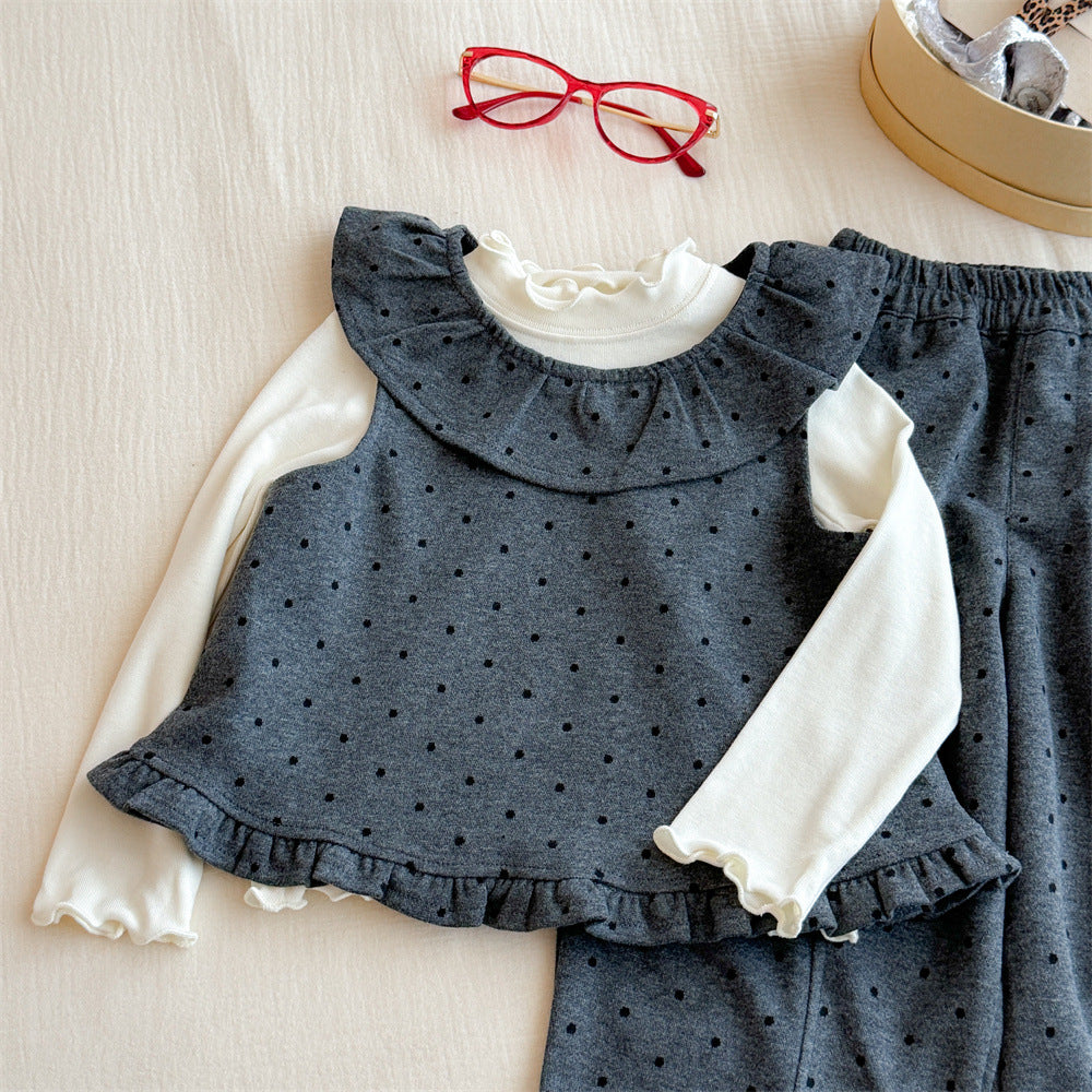 Sweet Little Girl Korean Style Set Autumn New Children's Back-to-School Stylish Lace Polka Dot Vest Wide-Leg Pants Three-Piece
