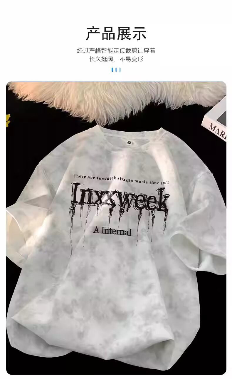 American Style Tie-Dye Short Sleeve T Men's Summer T-shirt2025New Style Dirty Street Style Casual Loose Breathable Plus Size T-Shirt