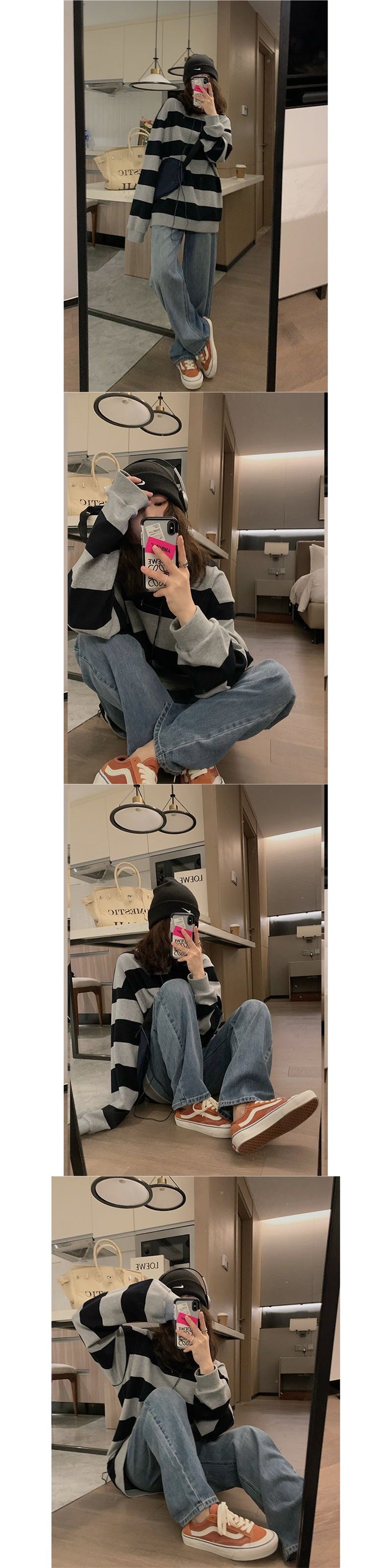Striped Sweatshirt for Back-to-School Season Spring and Autumn oversize Black and Gray Women Slimming Loose Lazy Couple Student ins Tide